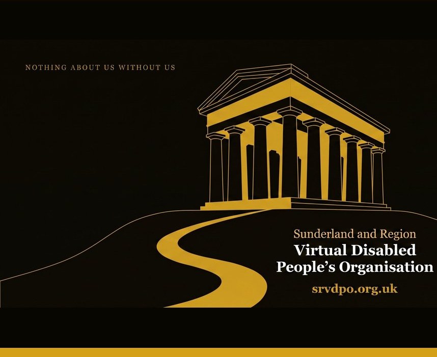 Penshaw Monument drawn in gold on black, above a golden road curving like the letter S. Around it: Nothing About Us Without Us, and the name Sunderland and Region Virtual Disabled People's Organisation.