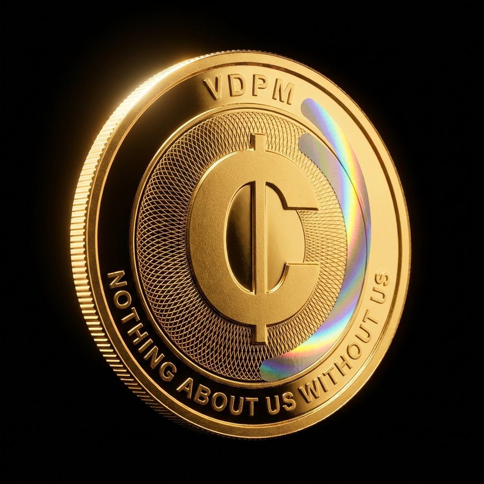 The Cripto: a gold coin embossed with the Cripto currency symbol, the letters VDPM, and the words Nothing About Us Without Us.